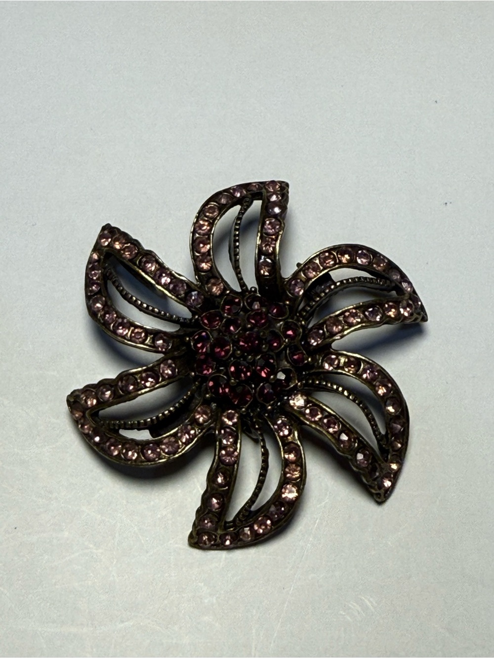 Vintage Amethyst Rhinestone Flower Brooch Pin Gold Tone Open Petal Design